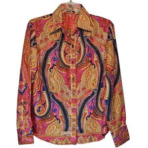 Silk Top Paisley Womens Medium Button Up Blouse Pink Multi